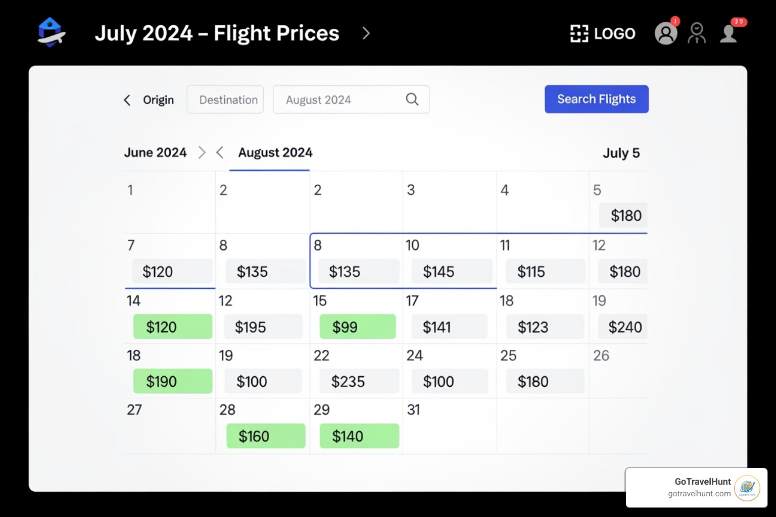 User interface showing a "Whole Month" calendar view with different prices - flight scanner cheap flights User interface showing a "Whole Month" calendar view with different prices - flight scanner cheap flights