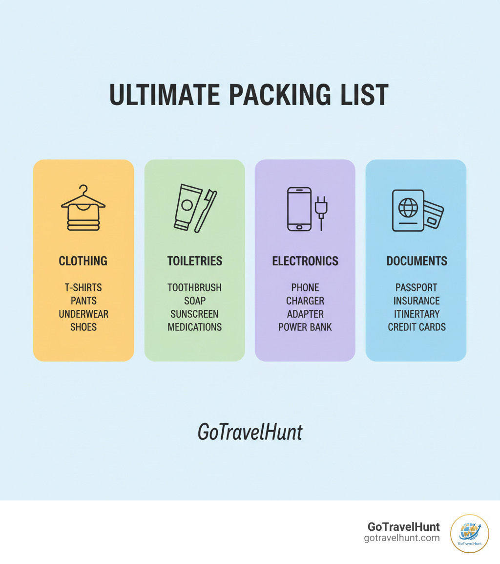 Infographic showing the main packing list categories: Clothing (t-shirts, pants, underwear, shoes), Toiletries (toothbrush, soap, sunscreen, medications), Electronics (phone, charger, adapter, power bank), and Documents (passport, insurance, itinerary, credit cards) - ultimate packing list infographic 