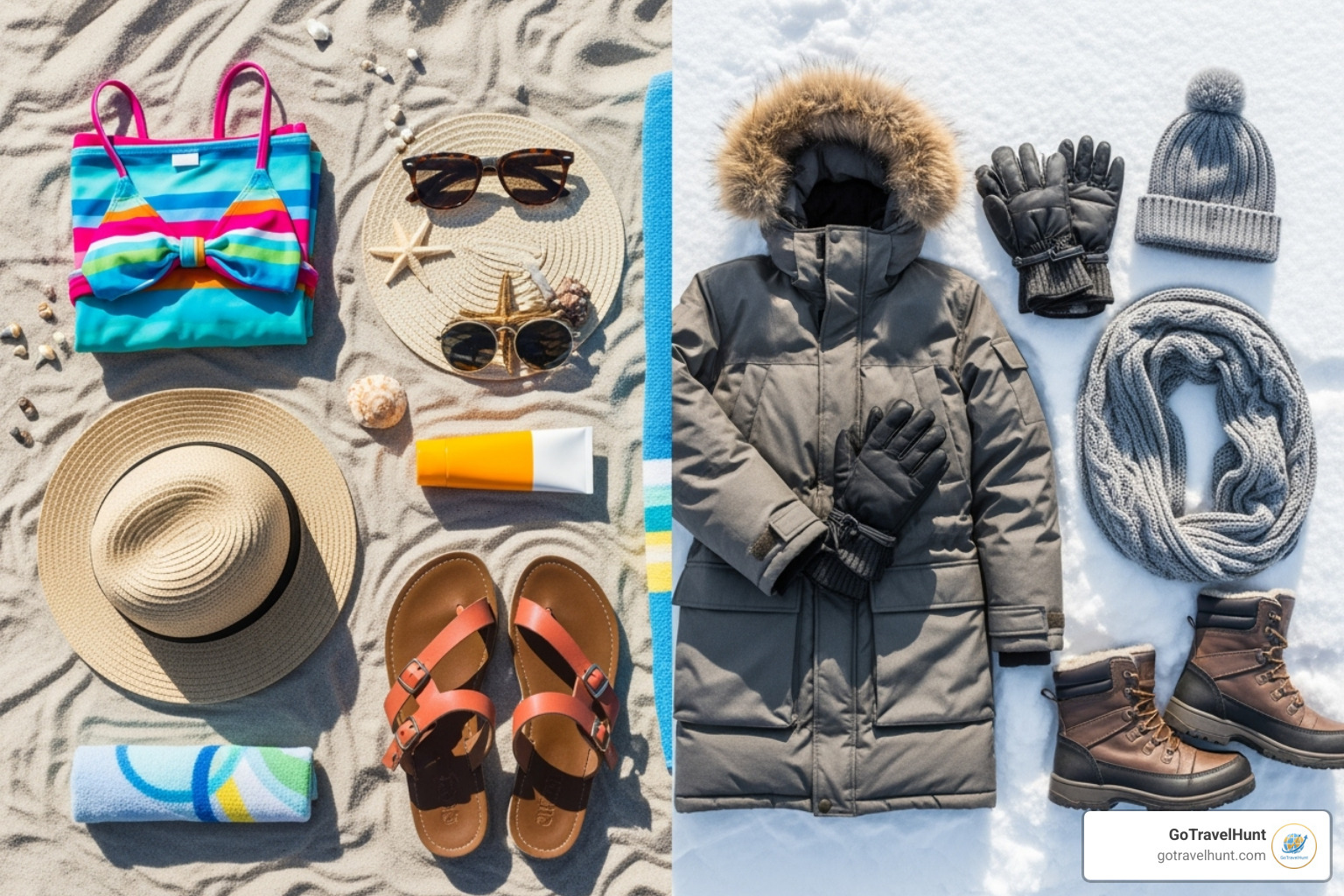 A split image showing items packed for a sunny beach vacation on one side and warm winter gear for a cold climate on the other - ultimate packing list