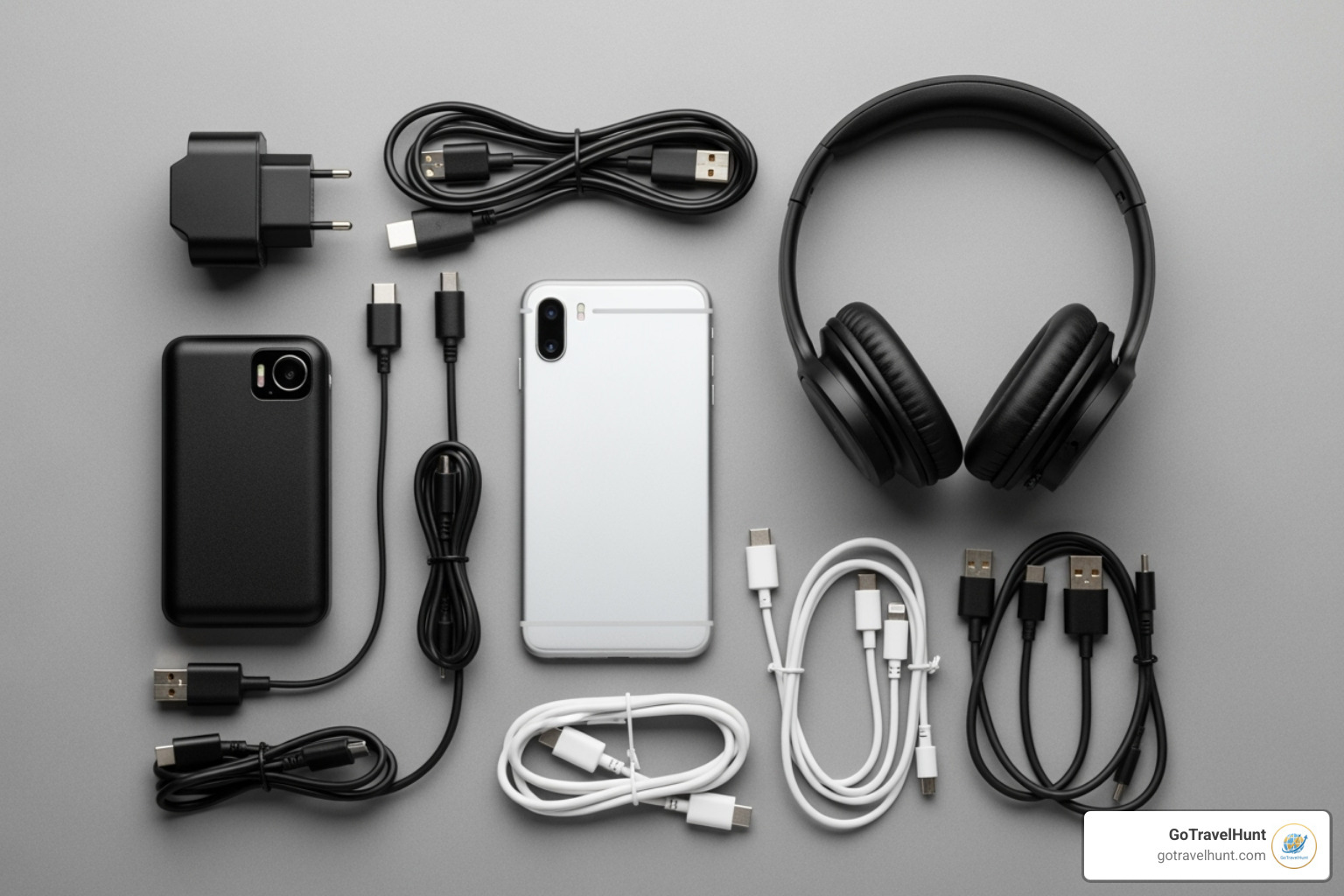 Essential travel electronics and chargers neatly arranged - ultimate packing list
