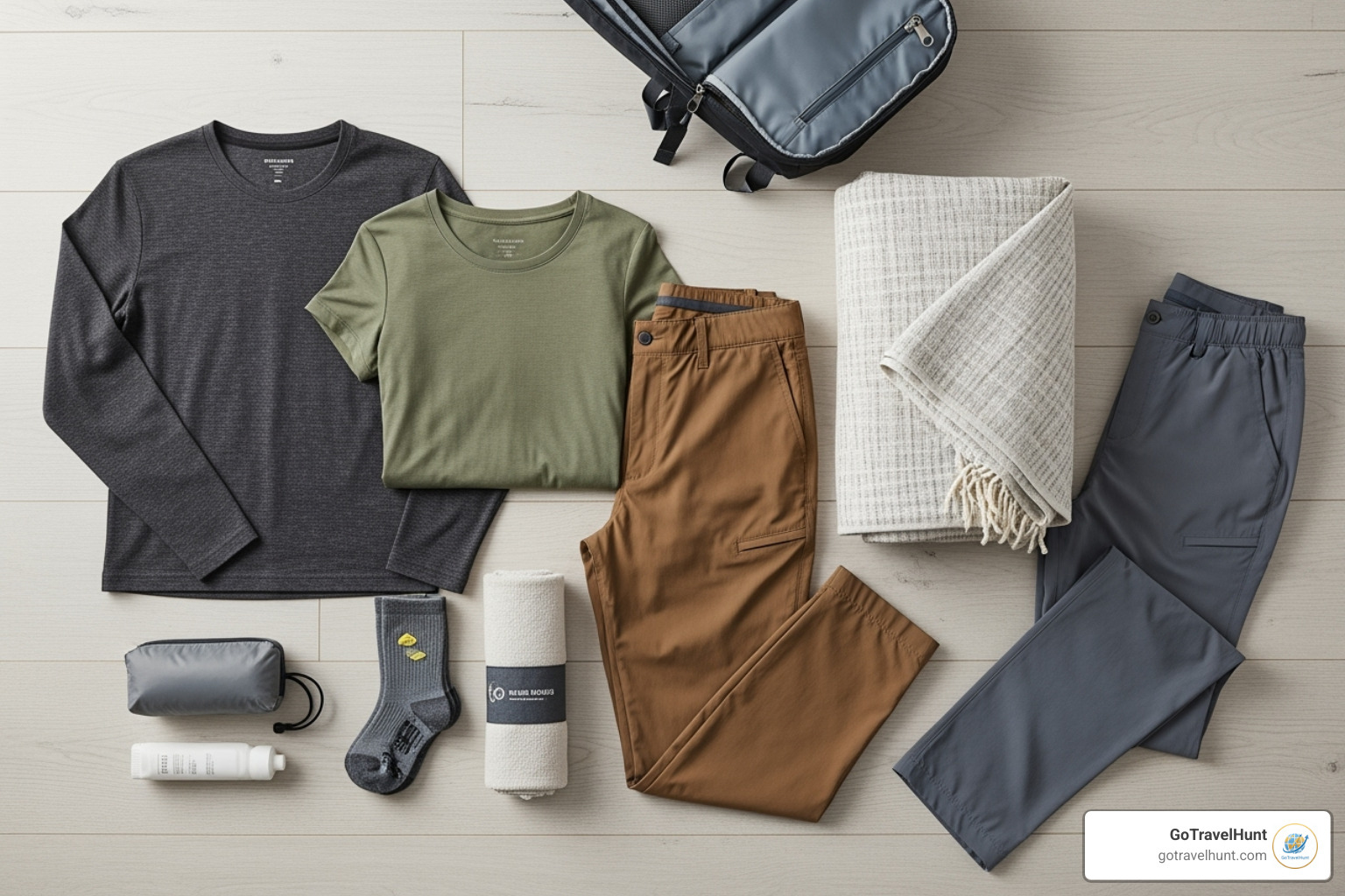 Versatile travel clothing laid out, including merino wool shirts, neutral pants, and a multi-use wrap - ultimate packing list