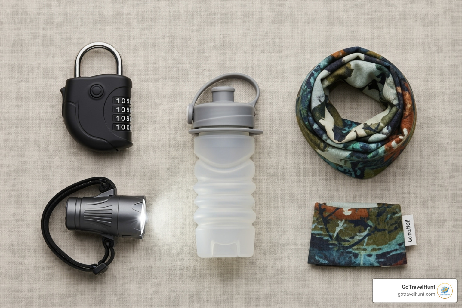 A collection of useful, often-forgotten travel accessories including a travel lock, headlamp, collapsible water bottle, and multi-use scarf - ultimate packing list