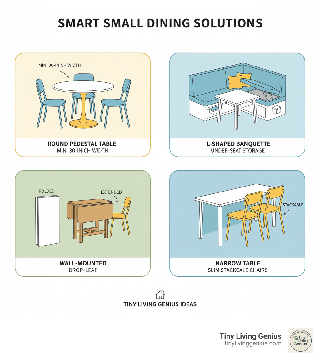Infographic showing key small dining solutions: a round pedestal table with 30-inch minimum width, an L-shaped corner banquette with storage underneath, a wall-mounted drop-leaf table in both folded and extended positions, and a narrow rectangular table pushed against a wall with slim stackable chairs - small dining ideas infographic 