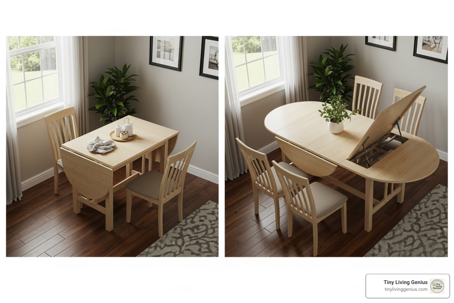 drop-leaf table shown in both its compact and extended forms - small dining ideas
