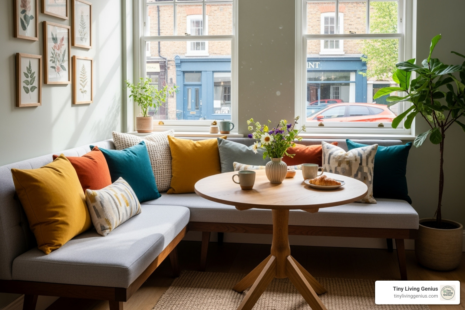 cozy corner banquette with colorful pillows and a small table - small dining ideas