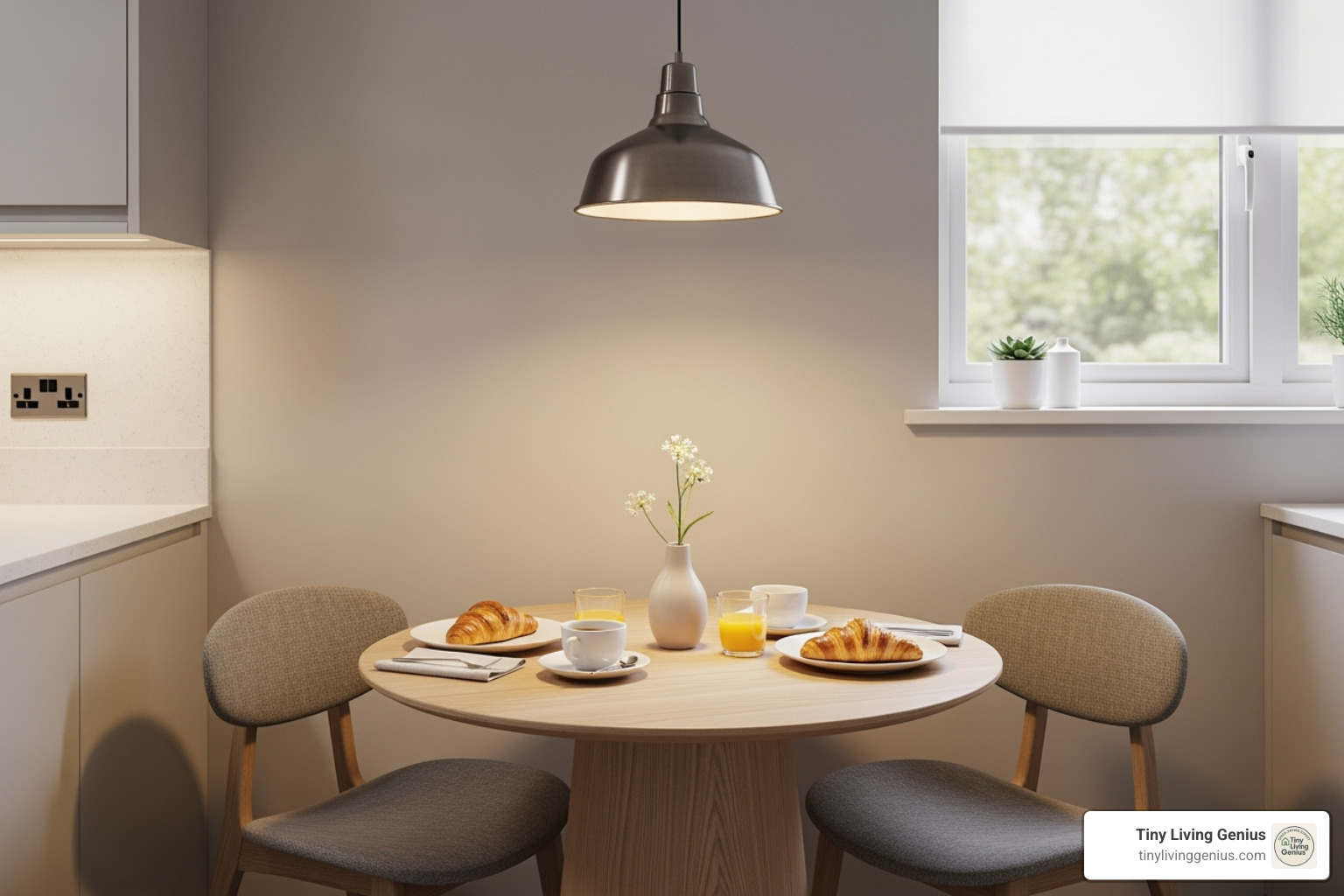 small round pedestal table in a kitchen corner - small dining ideas