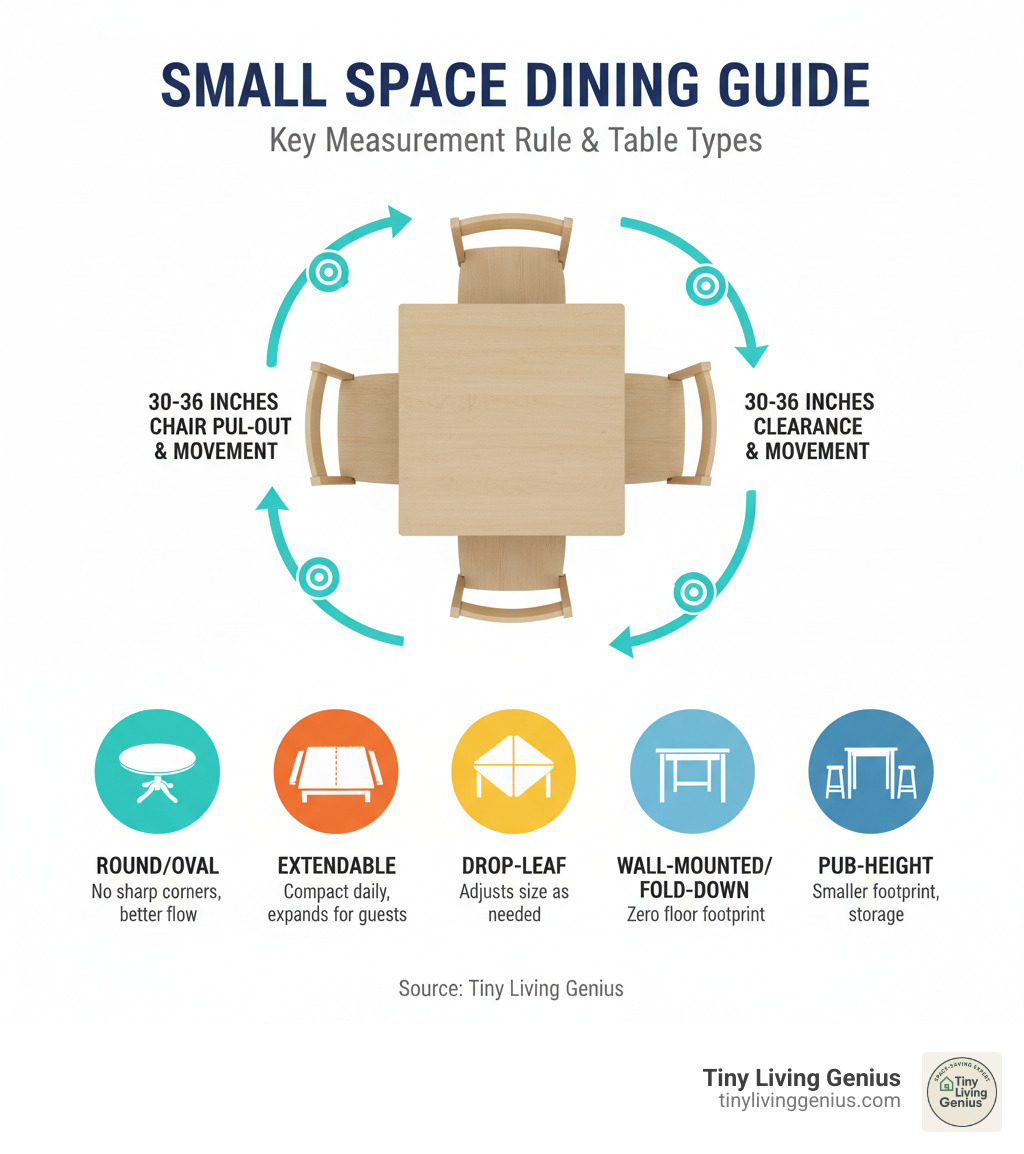 Infographic showing the 36-inch clearance rule for dining tables: a top-down view of a small dining table with measurements indicating 30-36 inches of space on all sides for chair pull-out and movement, plus icons showing different table types (round, extendable, drop-leaf, wall-mounted, pub-height) with their key space-saving features - small dining room tables for small spaces infographic  Infographic showing the 36-inch clearance rule for dining tables: a top-down view of a small dining table with measurements indicating 30-36 inches of space on all sides for chair pull-out and movement, plus icons showing different table types (round, extendable, drop-leaf, wall-mounted, pub-height) with their key space-saving features - small dining room tables for small spaces infographic