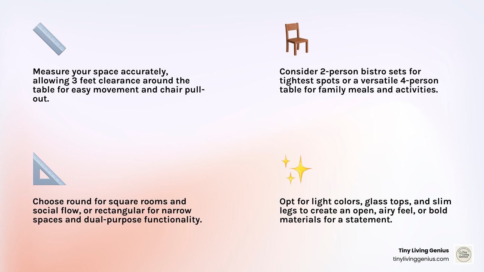 Infographic showing four key decision points when choosing a small dining table: Space (measure your room and allow 3 feet clearance), Seating (2-person bistro vs 4-person versatility), Shape (round for square rooms and flow vs rectangular for narrow spaces and dual use), and Style (light colors and slim legs for openness vs bold materials for statement pieces) - small table dining room infographic 4_facts_emoji_light-gradient