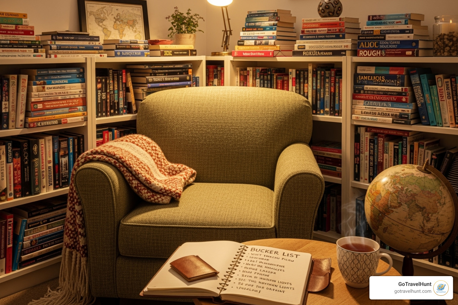 cozy reading nook with travel books, magazines, and a journal open to a handwritten bucket list - travel for inspiration