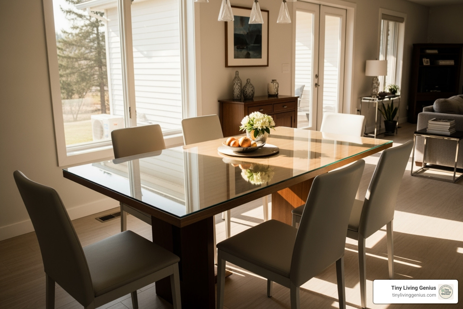 glass-top dining table in a bright room - small table dining room