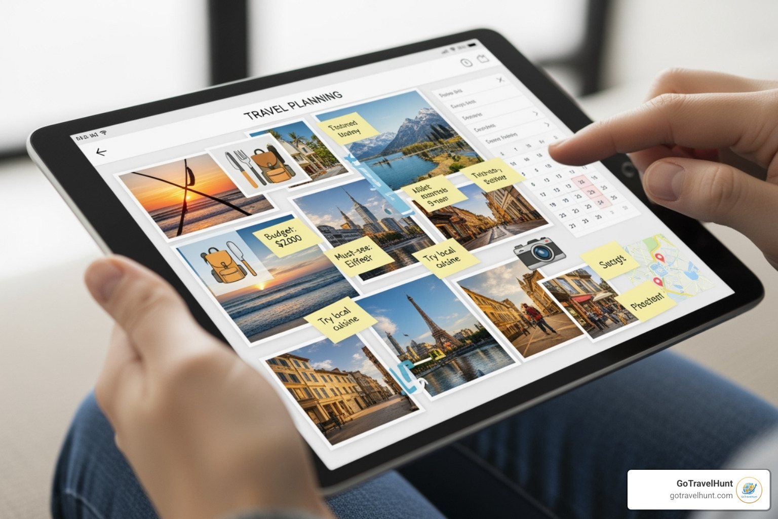 person's hands holding a tablet displaying a vibrant GoTravelHunt travel board - travel for inspiration