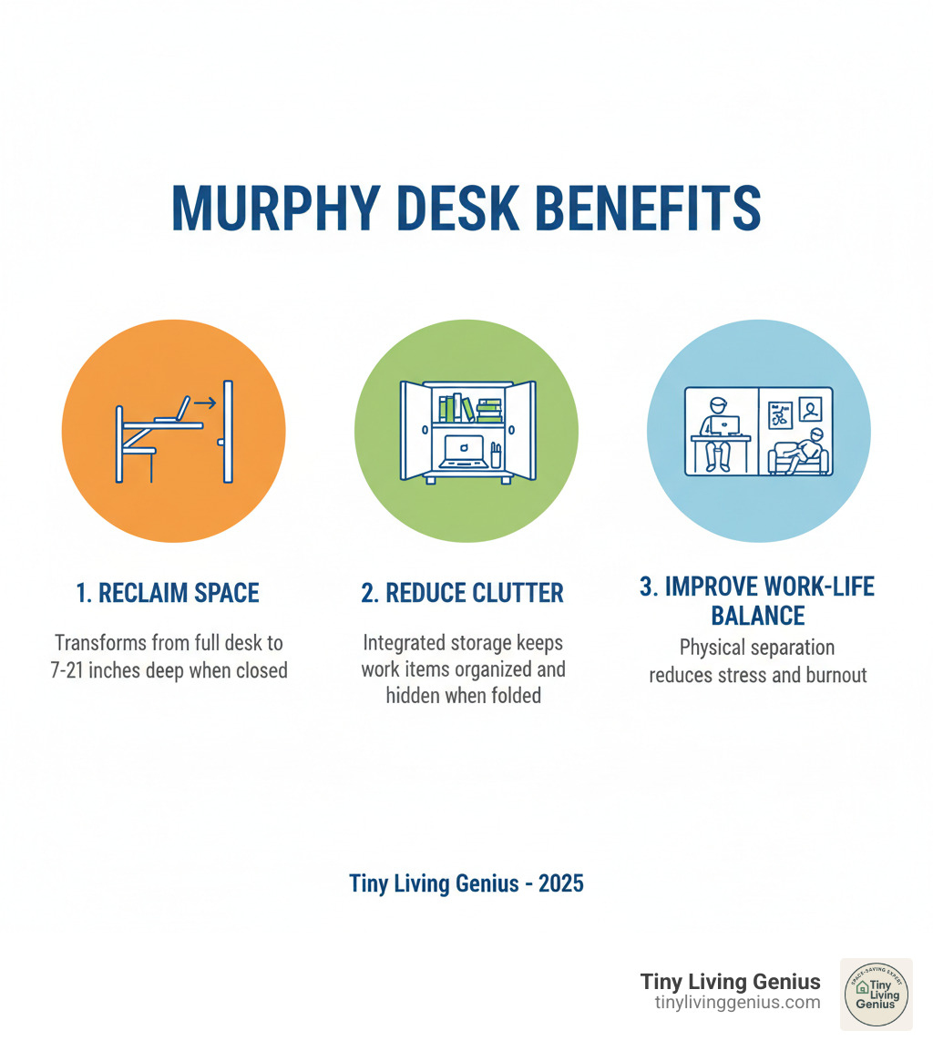 Infographic showing three core murphy desk benefits: 1. Reclaim Space - transforms from full desk to 7-21 inches deep when closed, 2. Reduce Clutter - integrated storage keeps work items organized and hidden when folded, 3. Improve Work-Life Balance - physical separation between work mode and living mode reduces stress and burnout - murphy desk infographic 