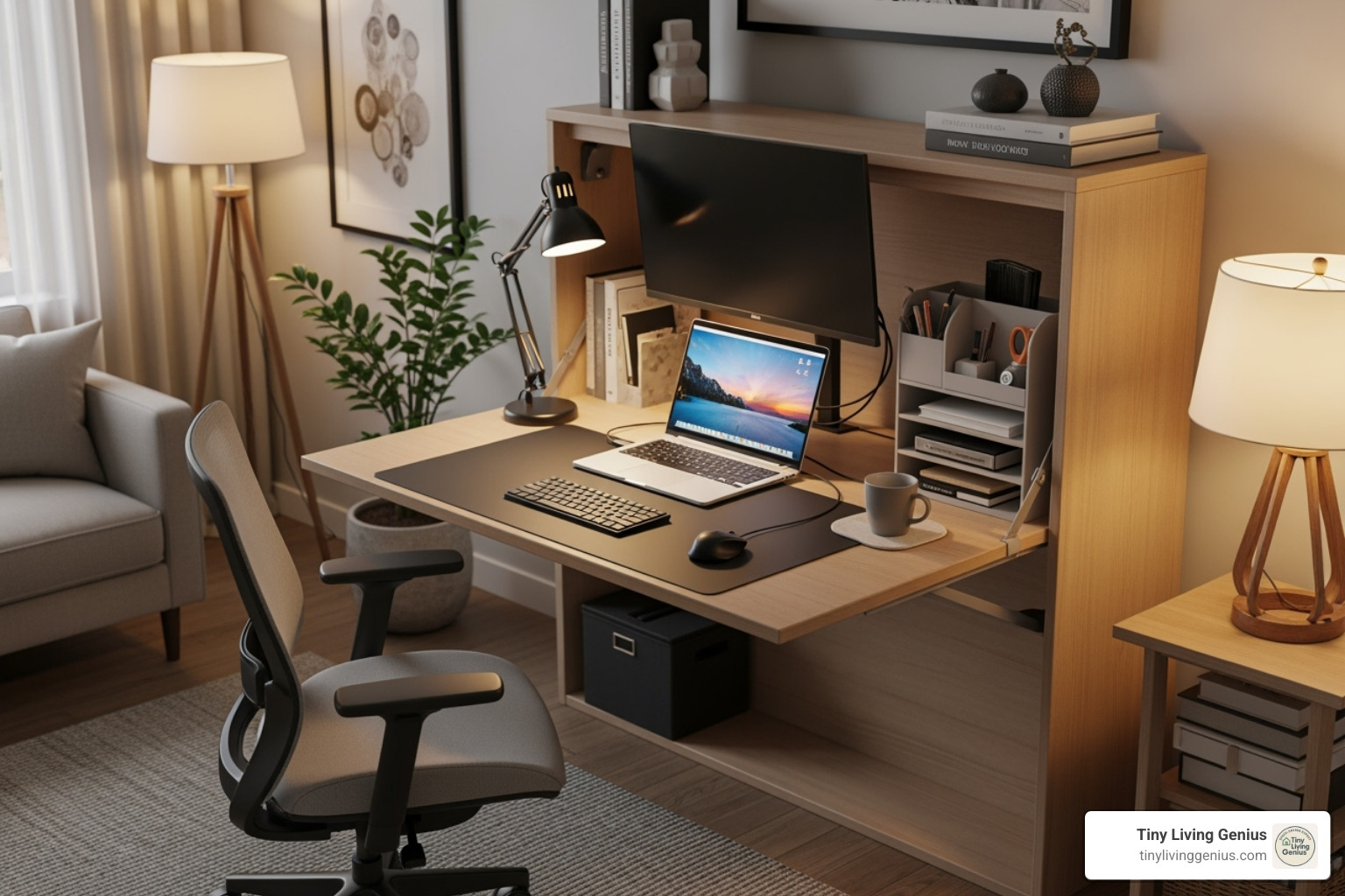 A fully accessorized and organized Murphy desk in use - murphy desk