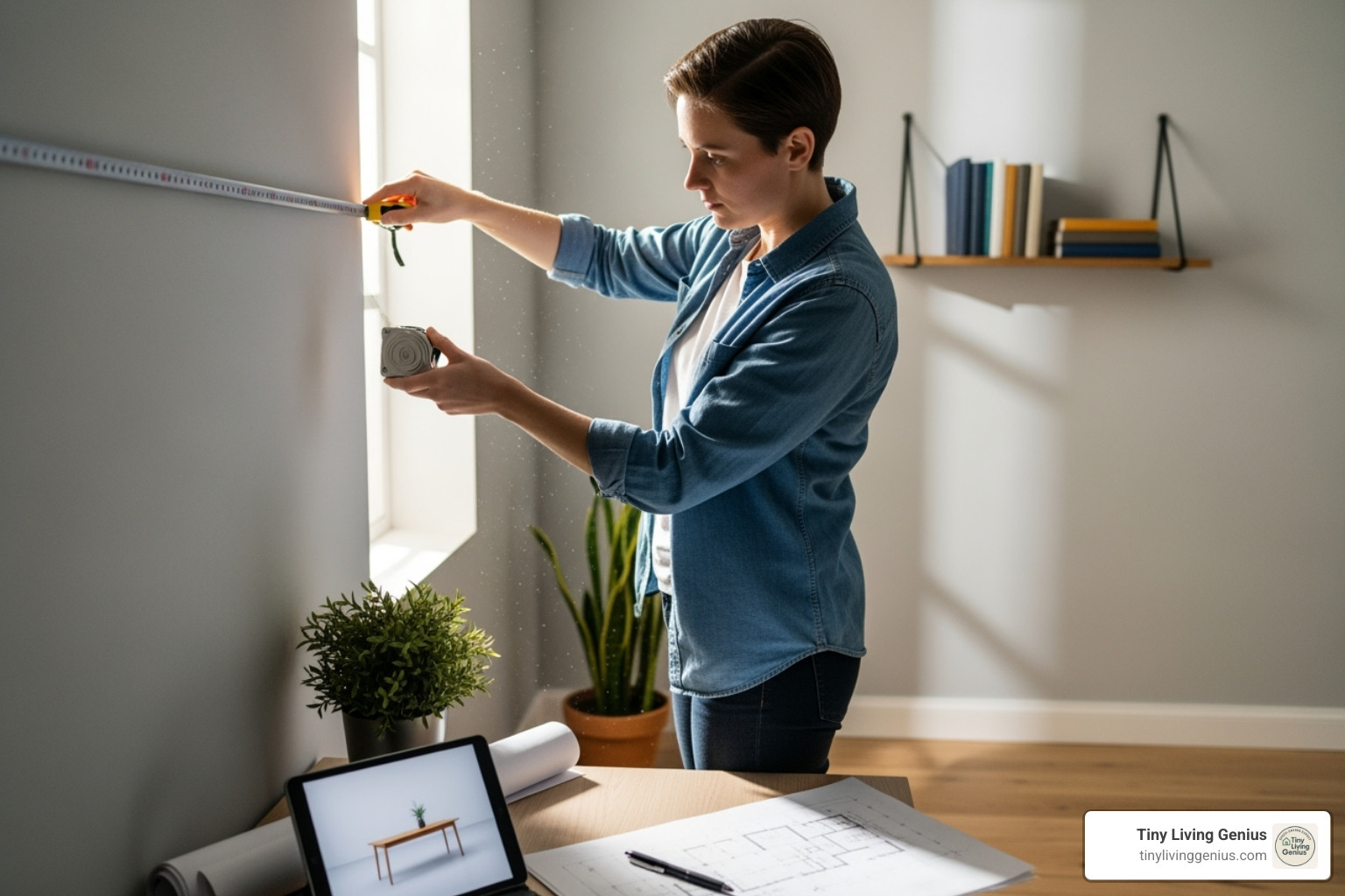 A person measuring a wall space for a new desk installation - murphy desk