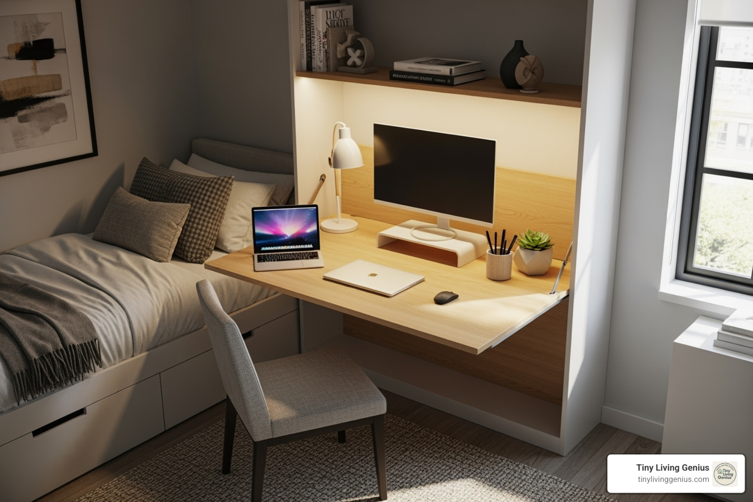 A Murphy desk in an open position in a small, modern apartment bedroom - murphy desk