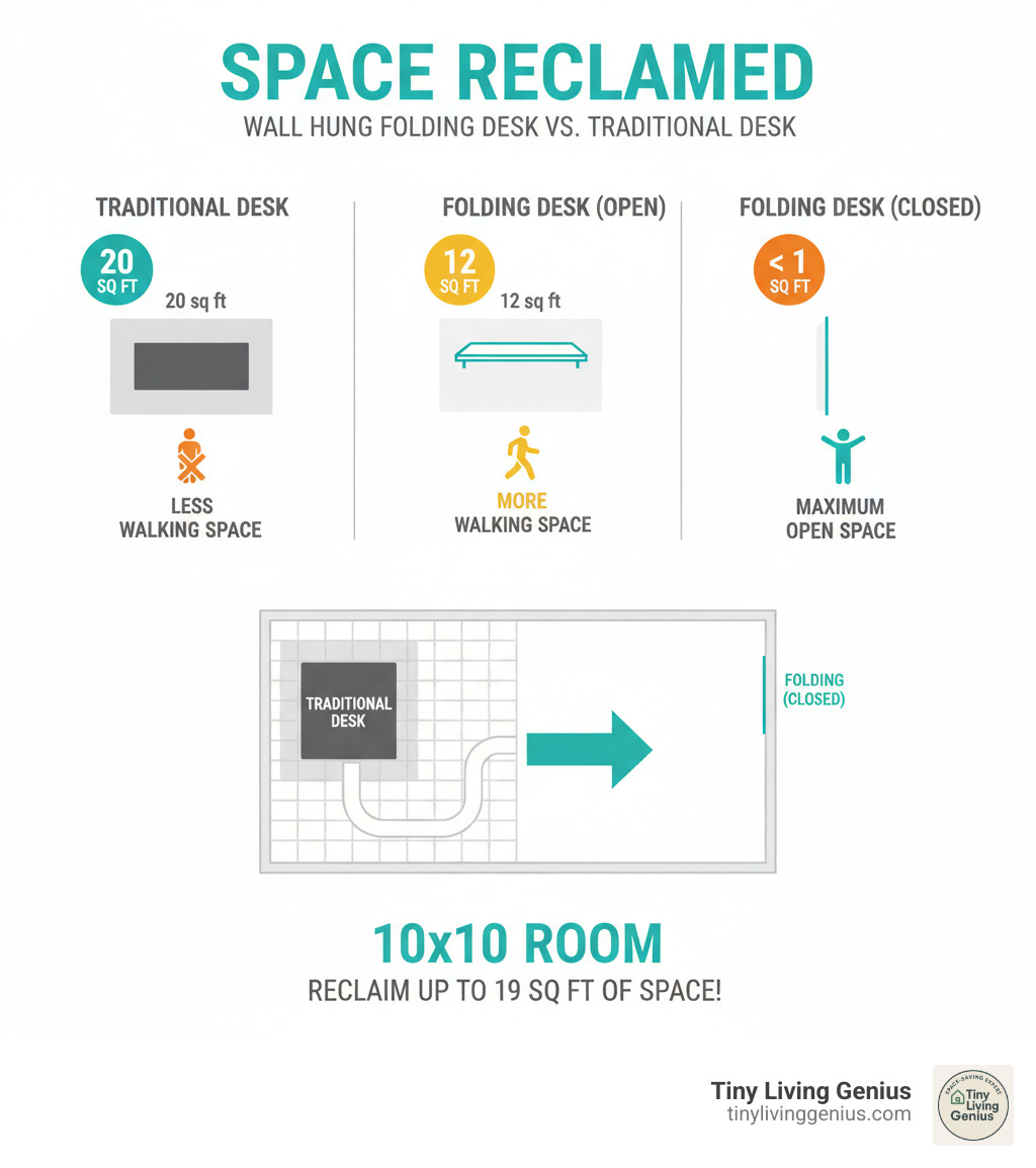 Infographic comparing the floor space footprint of a traditional 48-inch desk (requiring approximately 20 square feet of dedicated floor space) versus a wall hung folding desk in both open position (using 12 square feet) and closed position (using less than 1 square foot), with visual representation showing how much walking space is reclaimed in a typical 10x10 room - wall hung folding desk infographic  Infographic comparing the floor space footprint of a traditional 48-inch desk (requiring approximately 20 square feet of dedicated floor space) versus a wall hung folding desk in both open position (using 12 square feet) and closed position (using less than 1 square foot), with visual representation showing how much walking space is reclaimed in a typical 10x10 room - wall hung folding desk infographic