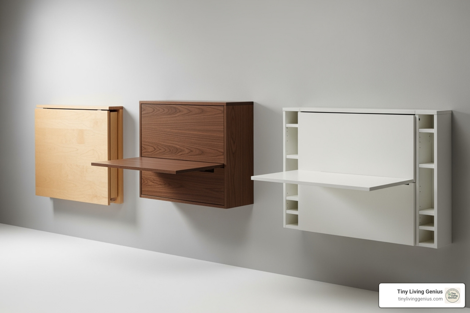 three different desk types: a simple drop-leaf, a cabinet style, and one with open shelving - wall hung folding desk three different desk types: a simple drop-leaf, a cabinet style, and one with open shelving - wall hung folding desk