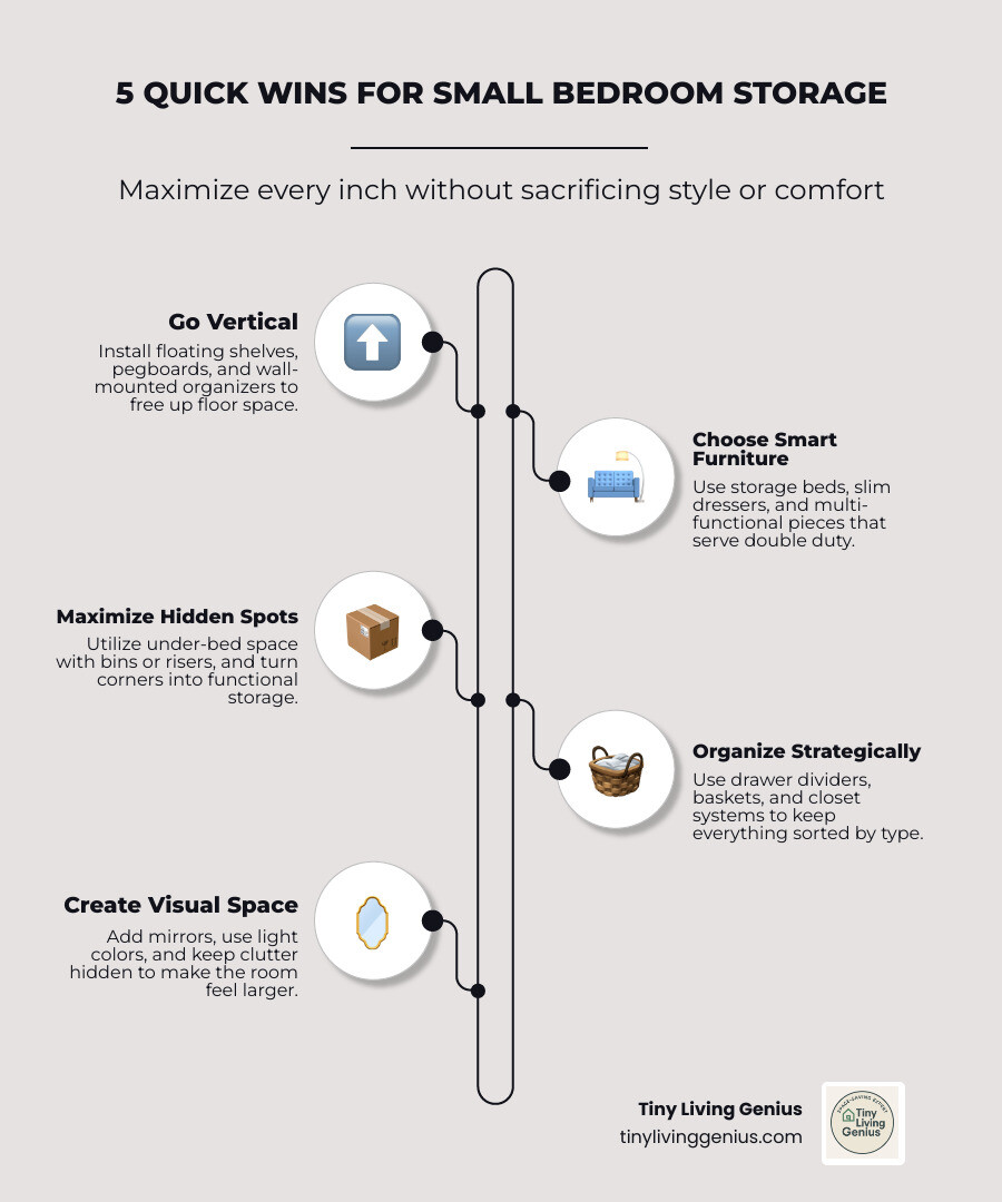 infographic showing 5 quick wins for small bedroom storage: vertical shelving systems on walls, under-bed storage bins and risers, over-the-door hanging organizers, multi-functional furniture like storage beds and floating nightstands, and corner shelving units to maximize awkward spaces - bedroom storage for small rooms infographic infographic-line-5-steps-elegant_beige