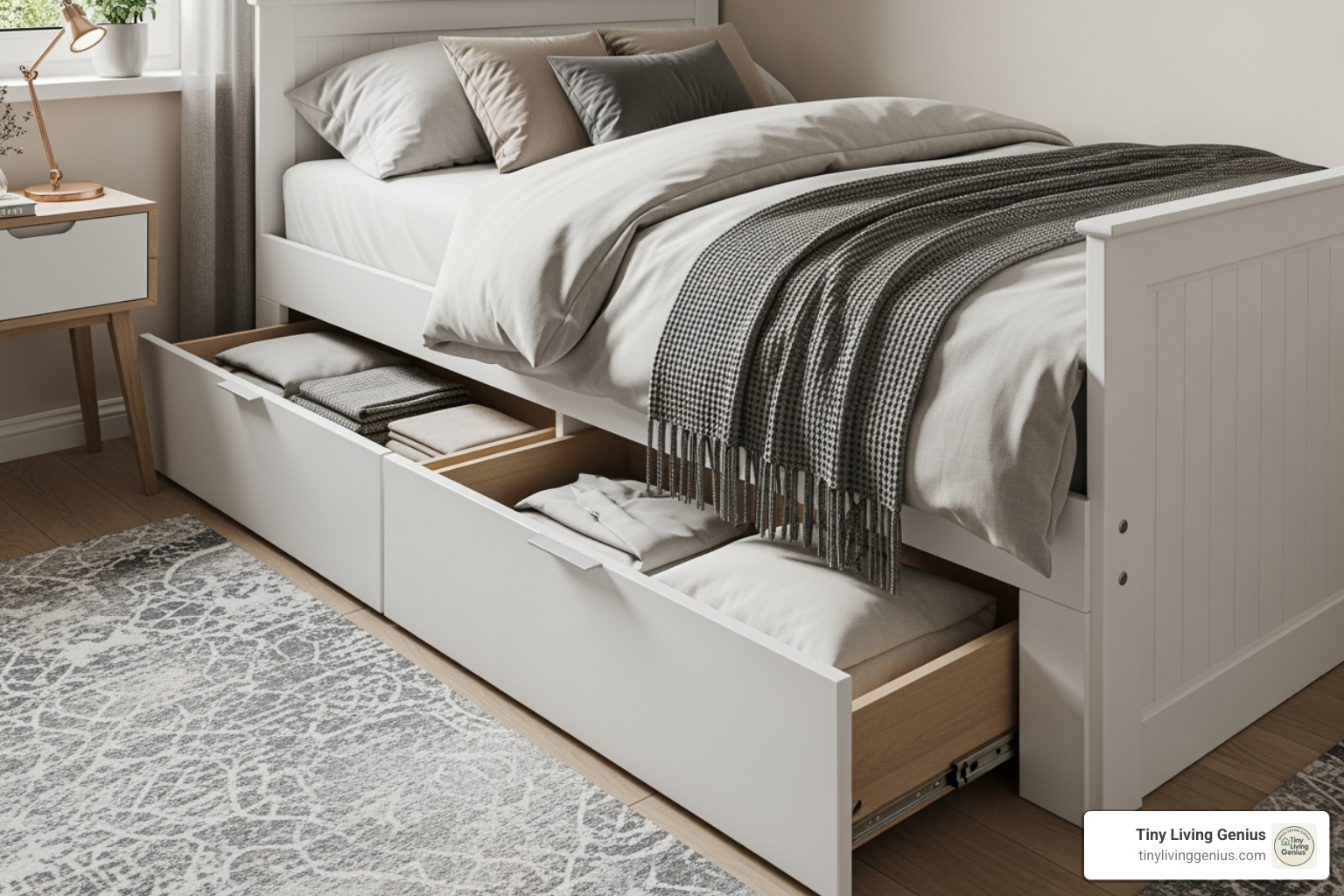 stylish storage bed with drawers pulled out to show capacity - bedroom storage for small rooms