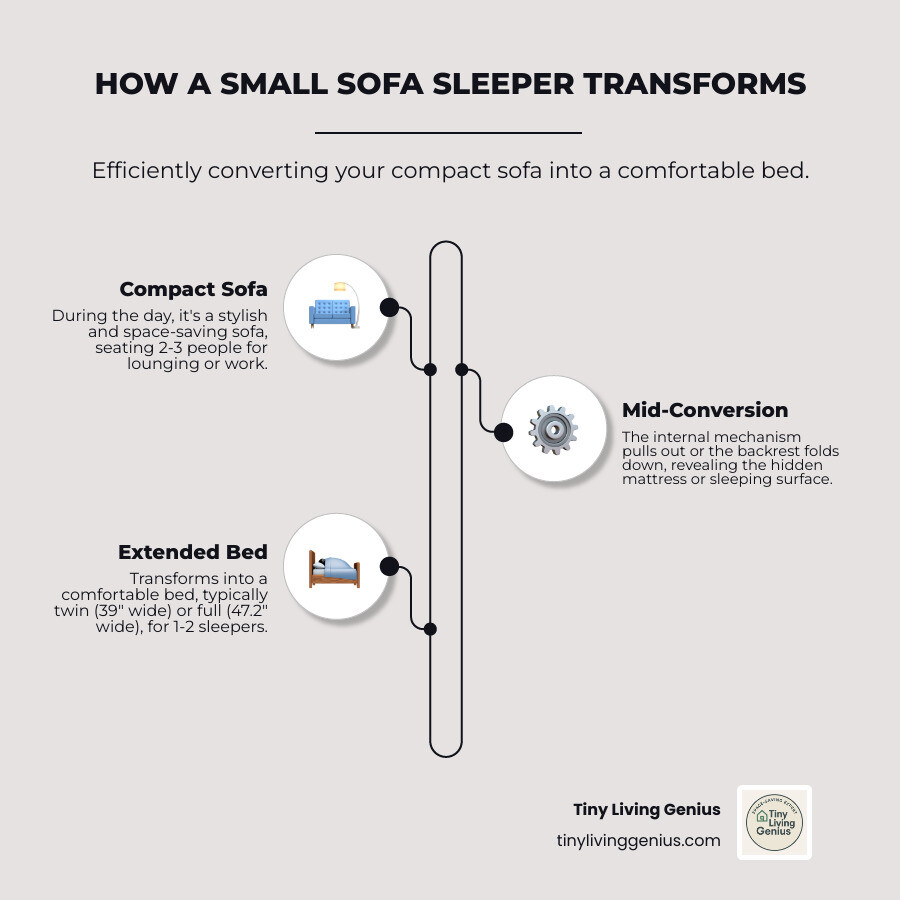 Infographic showing a three-panel transformation: Panel 1 - compact sofa in living position with dimensions and seating capacity, Panel 2 - mid-conversion showing mechanism pulling out, Panel 3 - fully extended bed position with sleeping surface dimensions and storage compartment highlighted - small sofa sleeper bed infographic infographic-line-3-steps-elegant_beige