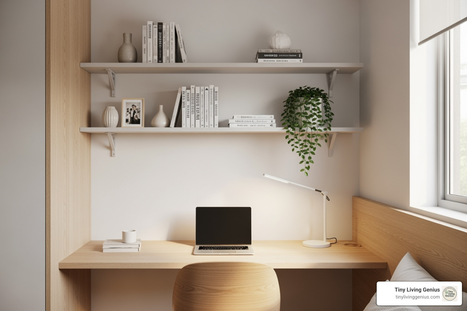 stylish floating shelves above a desk in a small bedroom - bedroom storage for small rooms