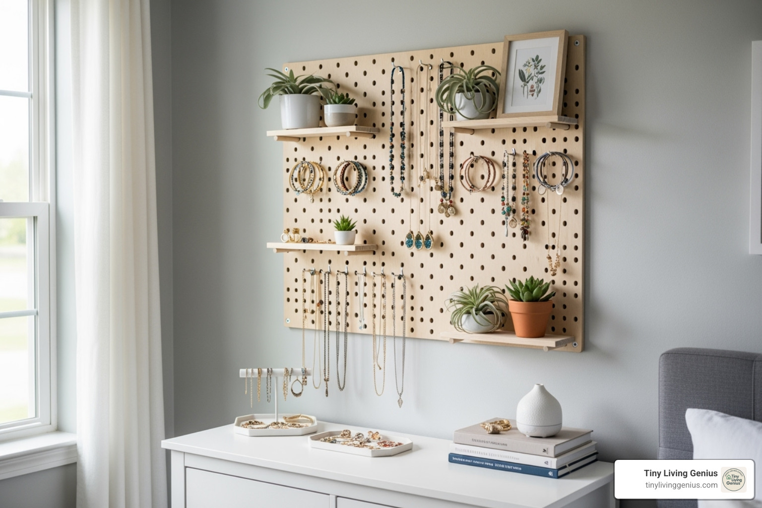 creative pegboard used for organizing jewelry and small plants - bedroom storage for small rooms