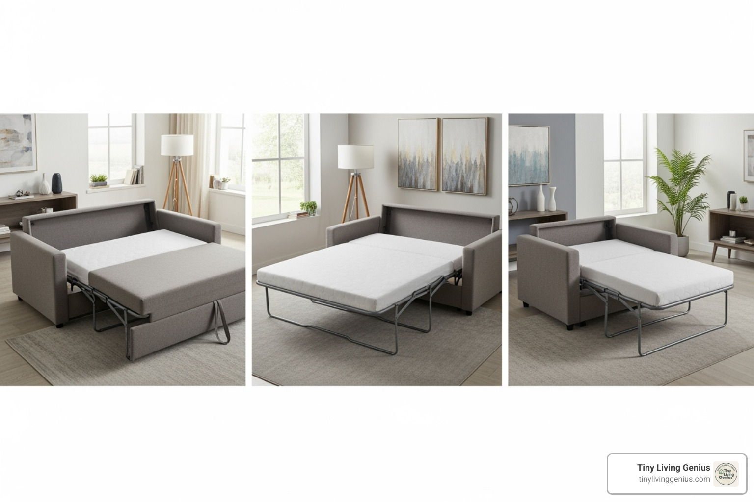 Image showing three distinct types of small sofa sleeper beds: a pull-out mechanism with a mattress being revealed, a click-clack sofa with its back folding down to create a flat surface, and a compact convertible chair fully extended into a single bed. - small sofa sleeper bed