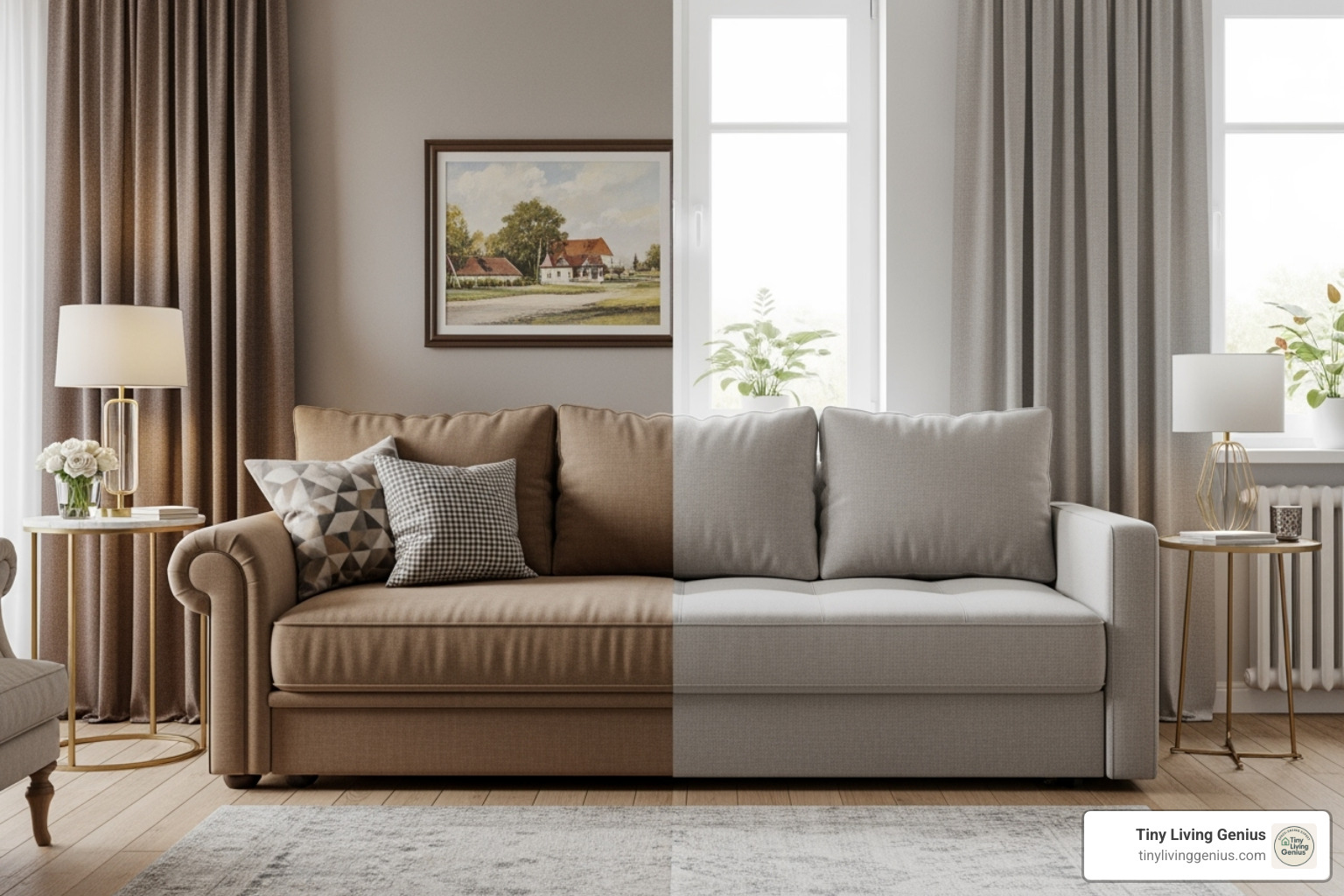 A small living room with a regular sofa on the left, and the same room with a sleek, modern small sofa sleeper bed in its sofa form, subtly hinting at its guest-ready potential, on the right. - small sofa sleeper bed
