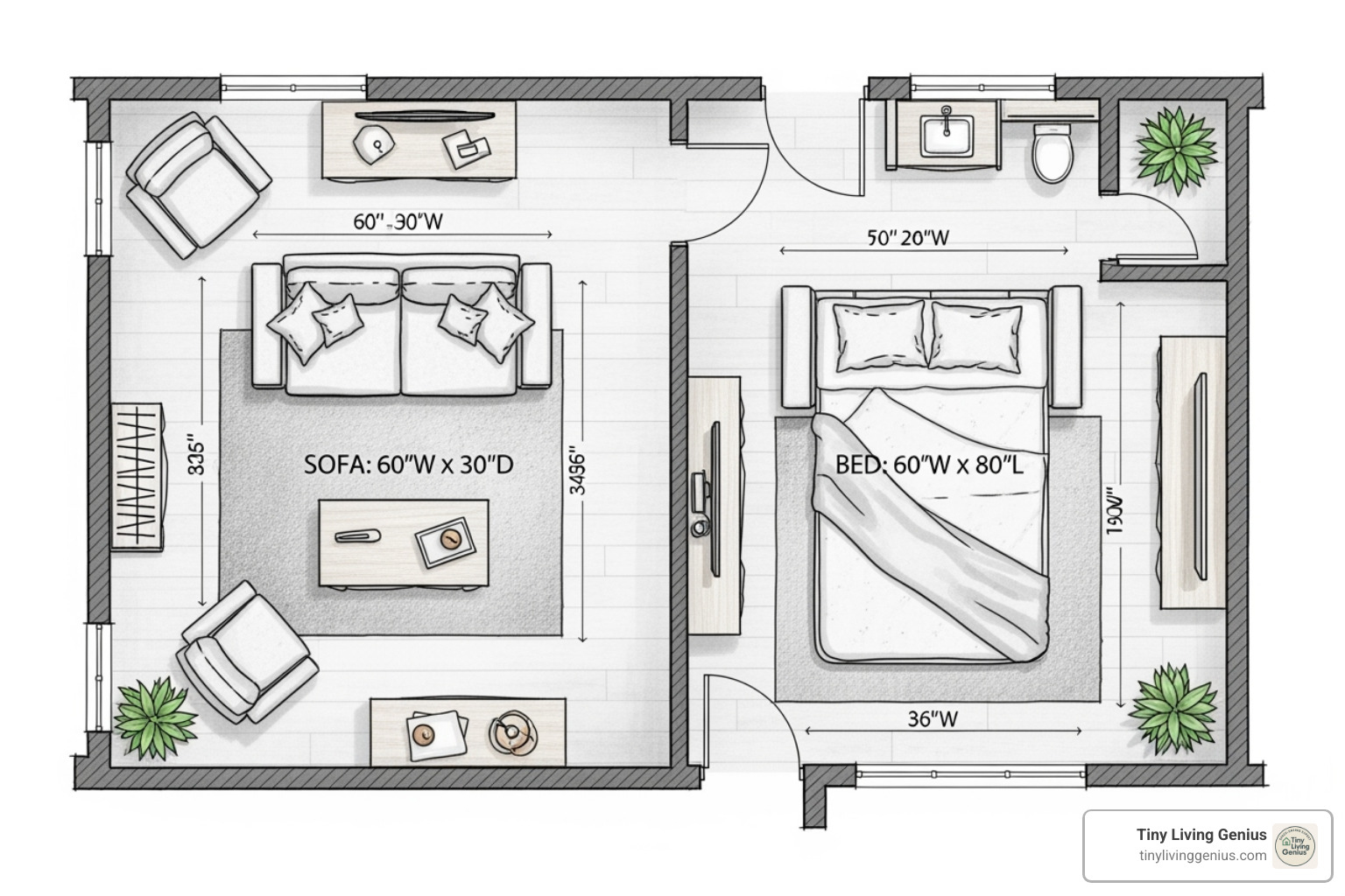 A detailed floor plan sketch showing various furniture pieces with their dimensions, specifically highlighting a small sofa sleeper bed in both its sofa and bed configurations, with ample clearance around it for movement. - small sofa sleeper bed