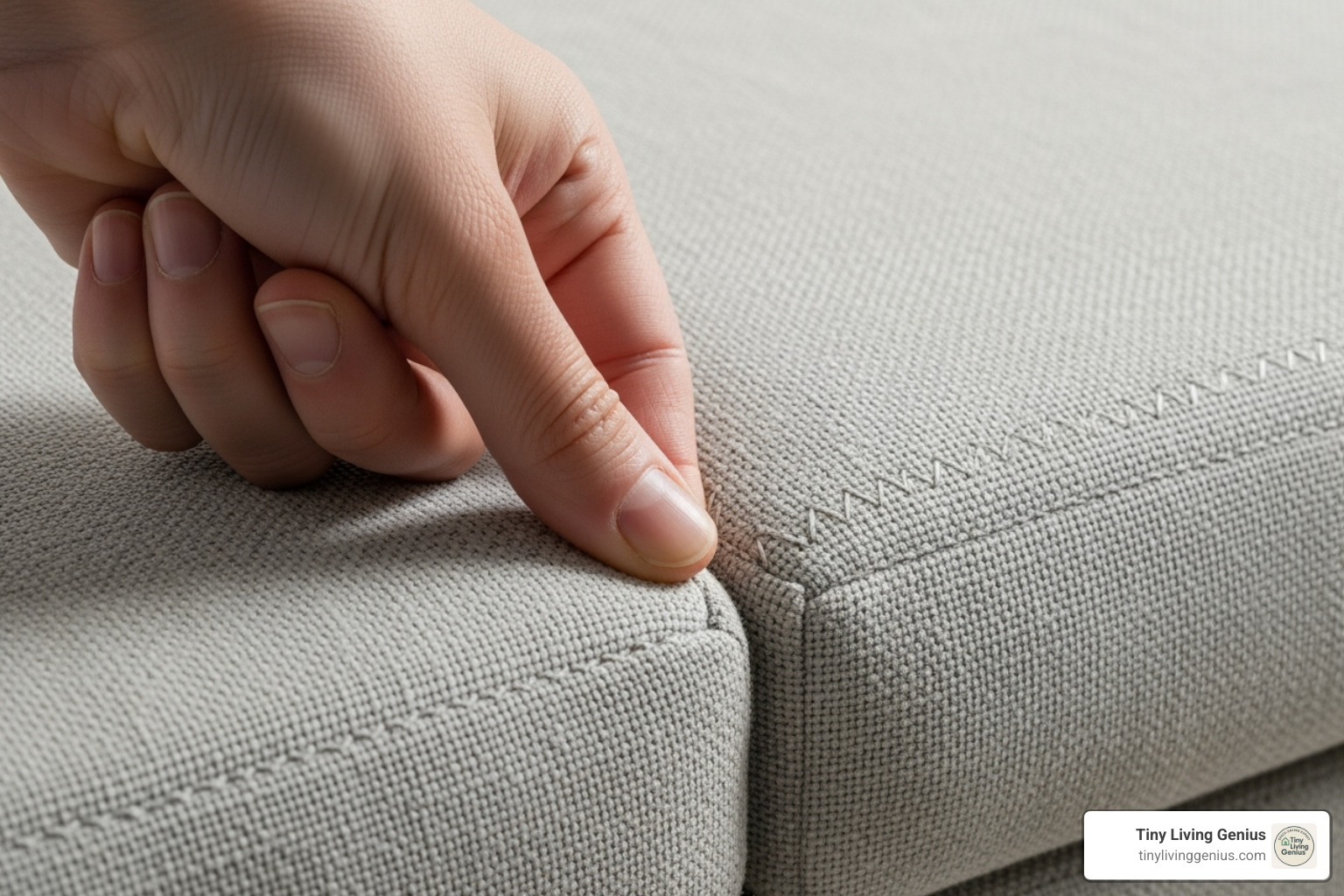 A close-up image of a hand gently touching the fabric and examining the stitching on a small sofa sleeper bed, highlighting the importance of material and craftsmanship. - small sofa sleeper bed