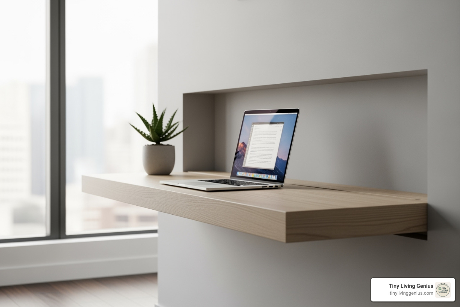 image of a sleek floating desk with a laptop - wall mounted wall desk image of a sleek floating desk with a laptop - wall mounted wall desk