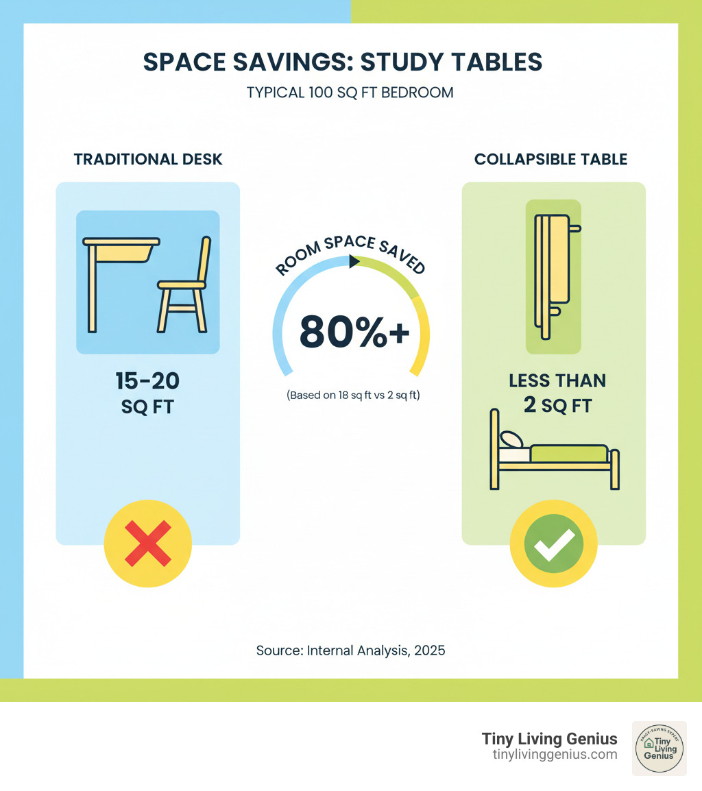 Infographic comparing floor space used by a traditional desk (approximately 15-20 square feet including clearance space) versus a folded collapsible study table (less than 2 square feet when stored against a wall or under a bed), showing percentage of room space saved in a typical 100 square foot bedroom - collapsible study table infographic 
