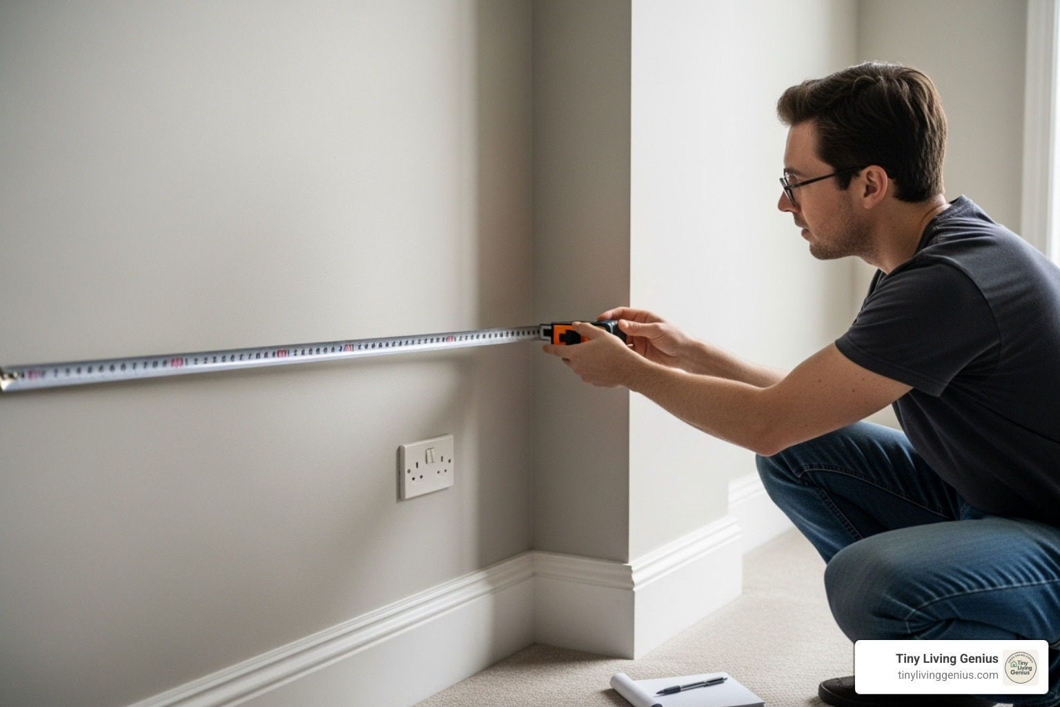 a person measuring a small corner of a room for a new desk - collapsible study table