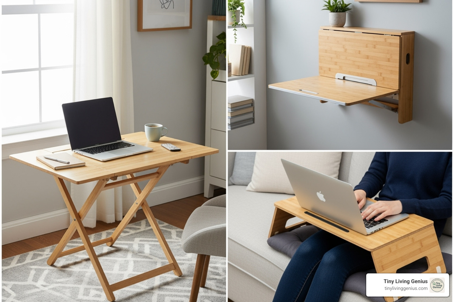 a collage showcasing various types of foldable desks: a freestanding one, a wall-mounted one, and a lap desk - collapsible study table