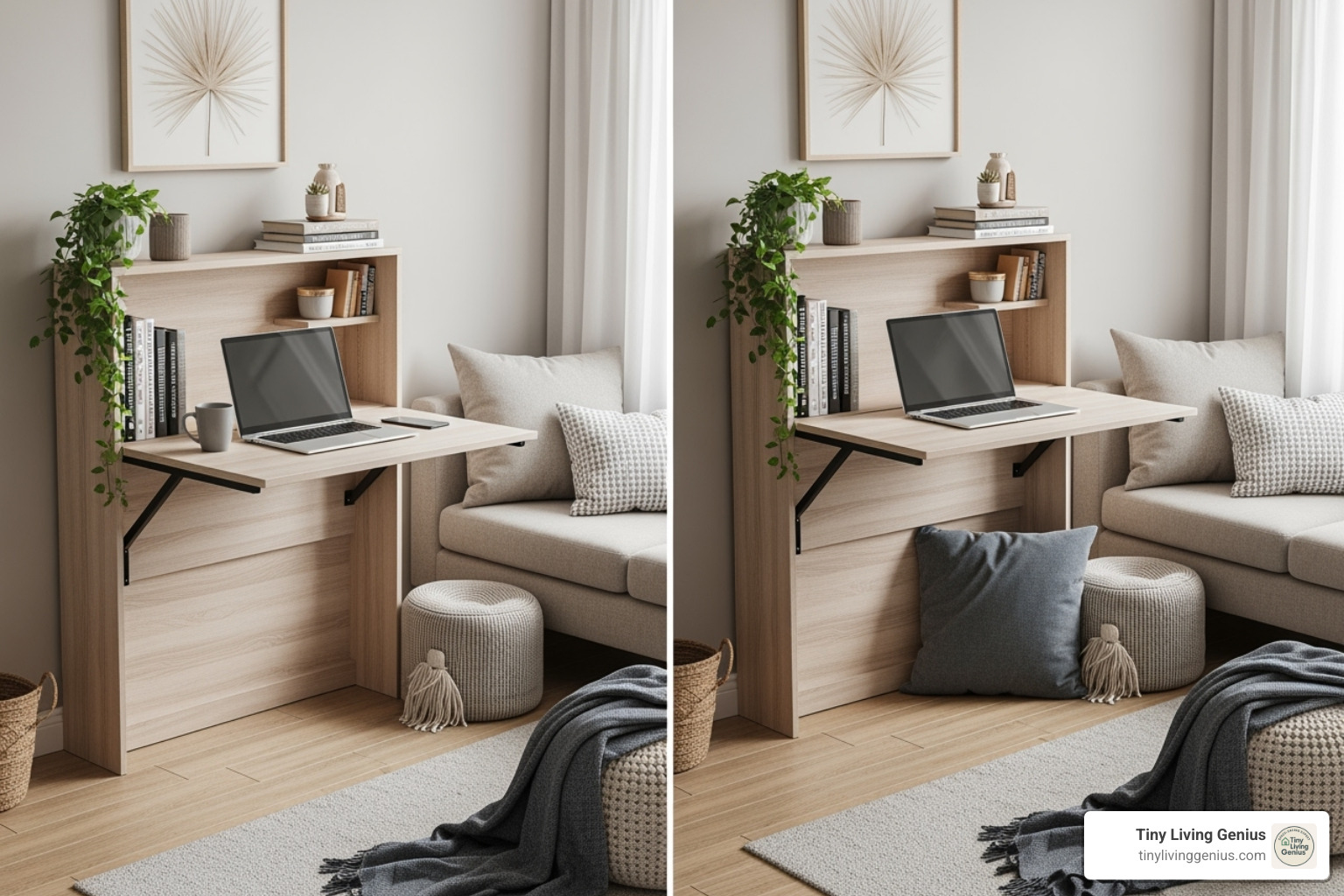 a living room changing from a workspace back to a relaxation area by folding away a desk - collapsible study table