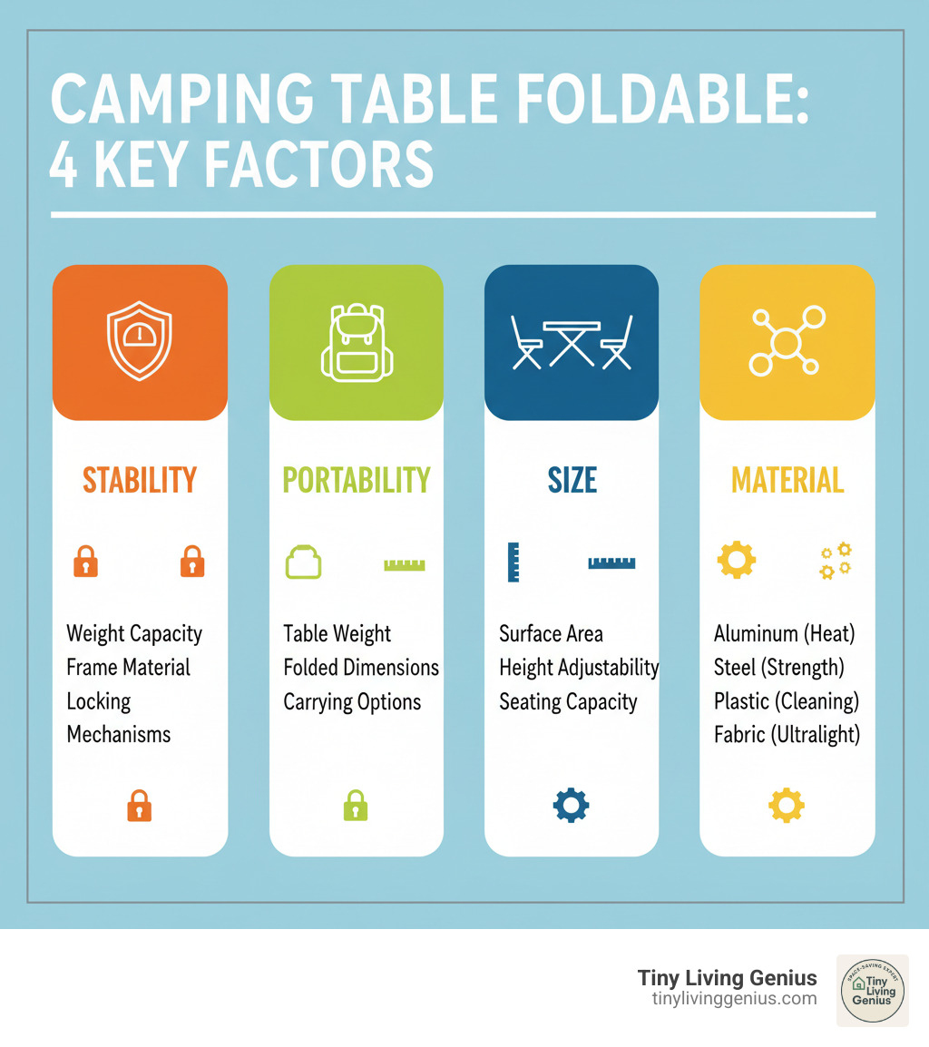 Infographic showing the 4 key factors to consider when choosing a camping table foldable: Stability (weight capacity, frame material, locking mechanisms), Portability (table weight, folded dimensions, carrying options), Size (surface area, height adjustability, seating capacity), and Material (aluminum for heat resistance, steel for strength, plastic for easy cleaning, fabric for ultralight needs) - camping table foldable infographic 