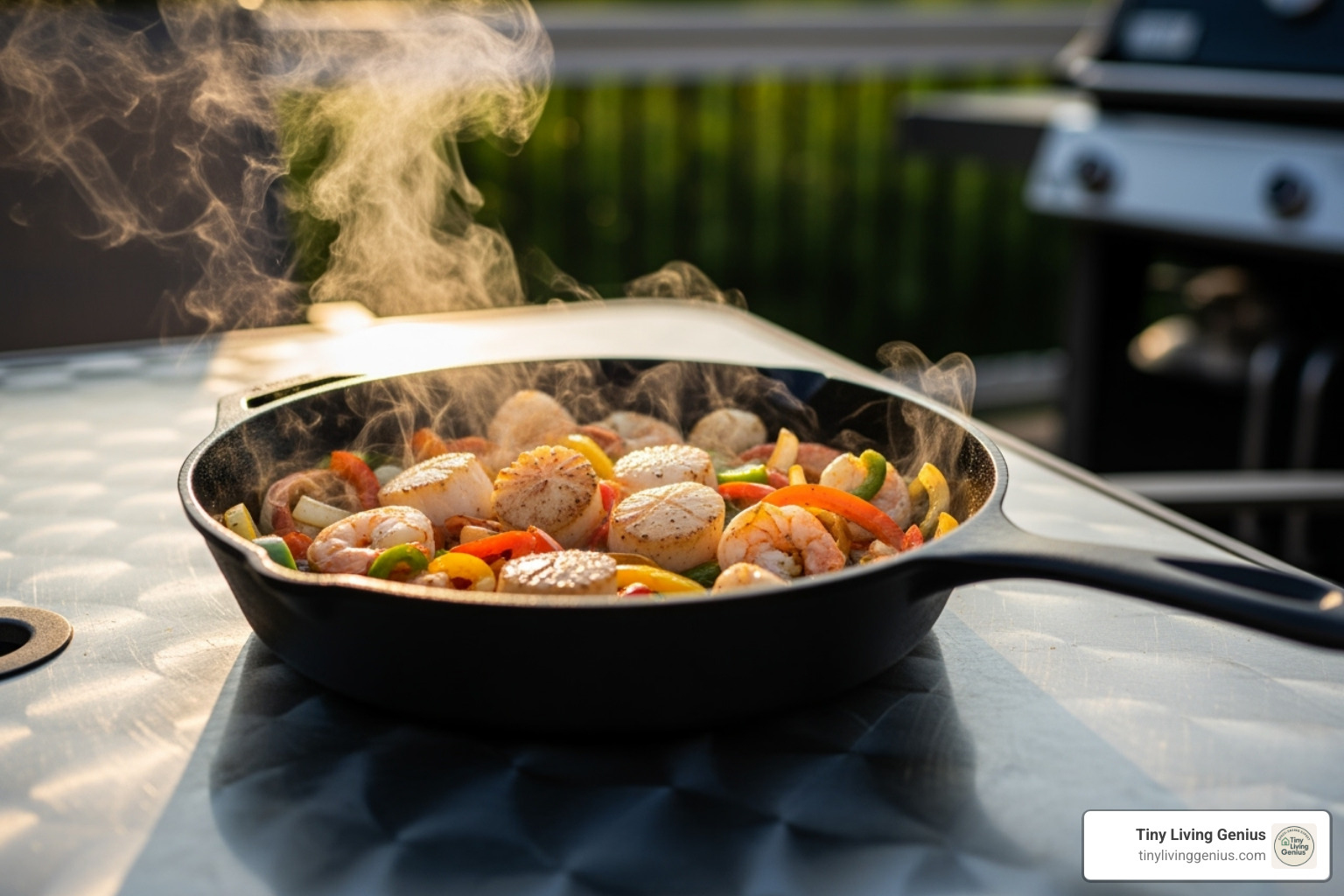 hot pan on a heat-resistant aluminum tabletop - camping table foldable