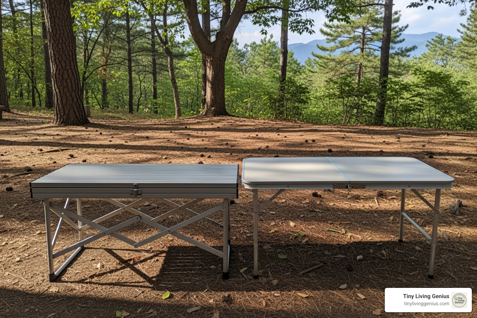 side-by-side comparison of a roll-top table and a fold-in-half table - camping table foldable