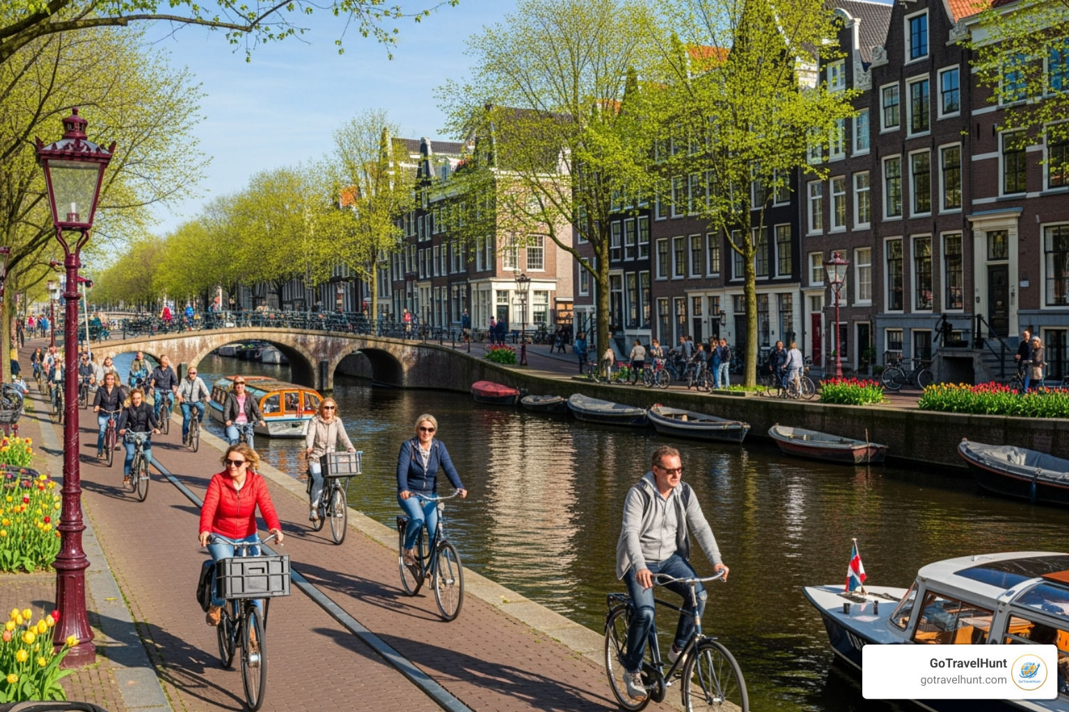 People cycling along a canal in Amsterdam - amsterdam holiday packages
