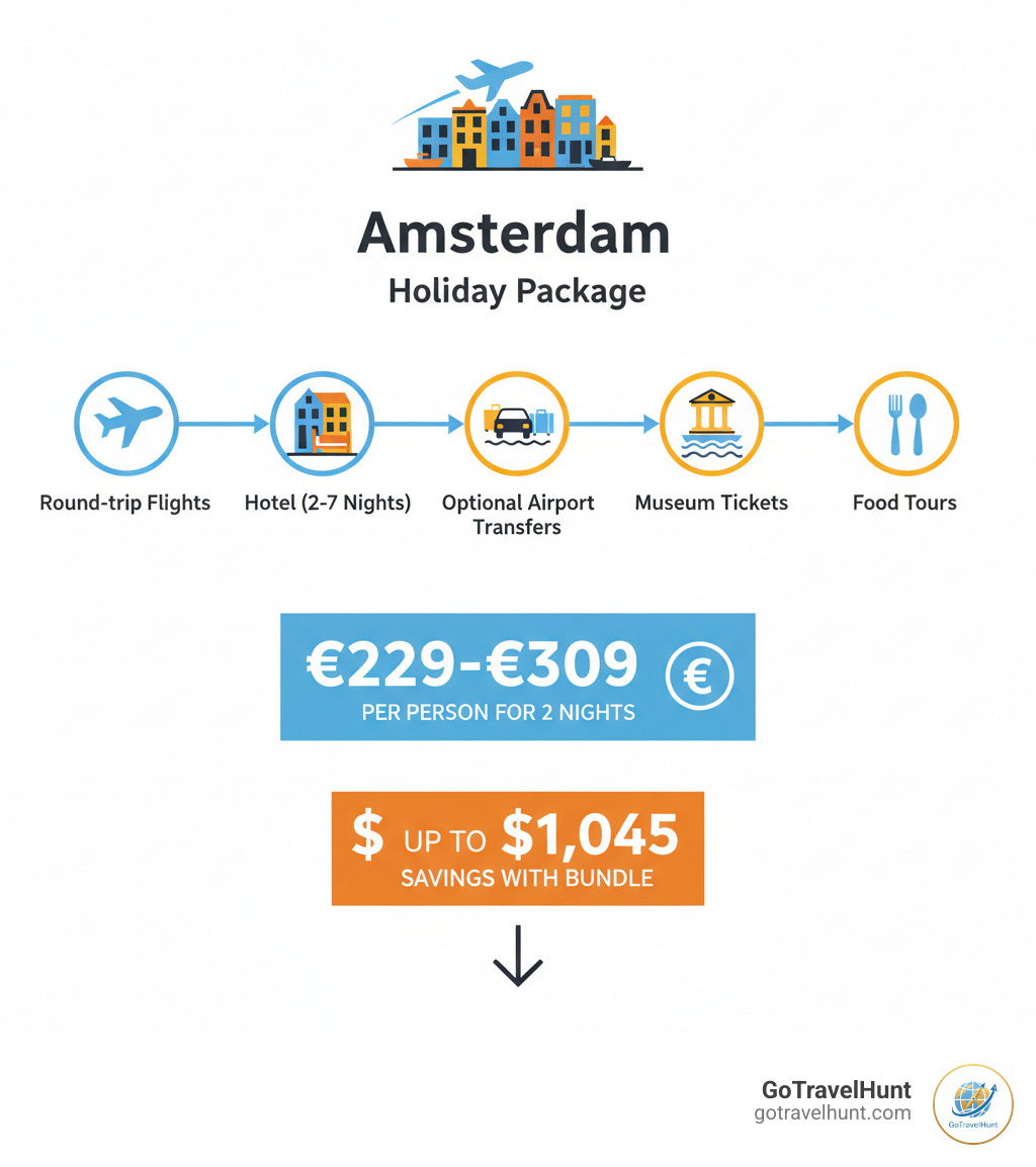 Infographic showing Amsterdam holiday package components: round-trip flights, hotel accommodation for 2-7 nights, optional airport transfers, museum tickets, canal cruises, and food tours. Includes average costs ranging from €229-€309 per person for 2 nights, and highlights savings of up to $1,045 when booking bundled packages versus separate bookings. - amsterdam holiday packages infographic 