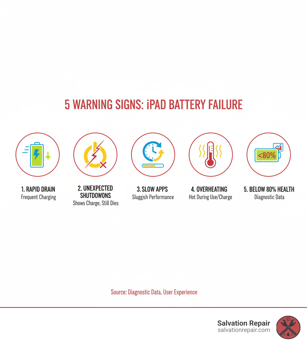 Infographic showing the 5 key warning signs your iPad battery is failing: 1) Frequent charging needed throughout the day with rapid drain, 2) Unexpected shutdowns even when battery percentage shows charge remaining, 3) Sluggish performance with apps loading slowly, 4) Device overheating during normal use or charging, 5) Battery health reading below 80 percent capacity in diagnostic data - ipad battery replacement infographic 