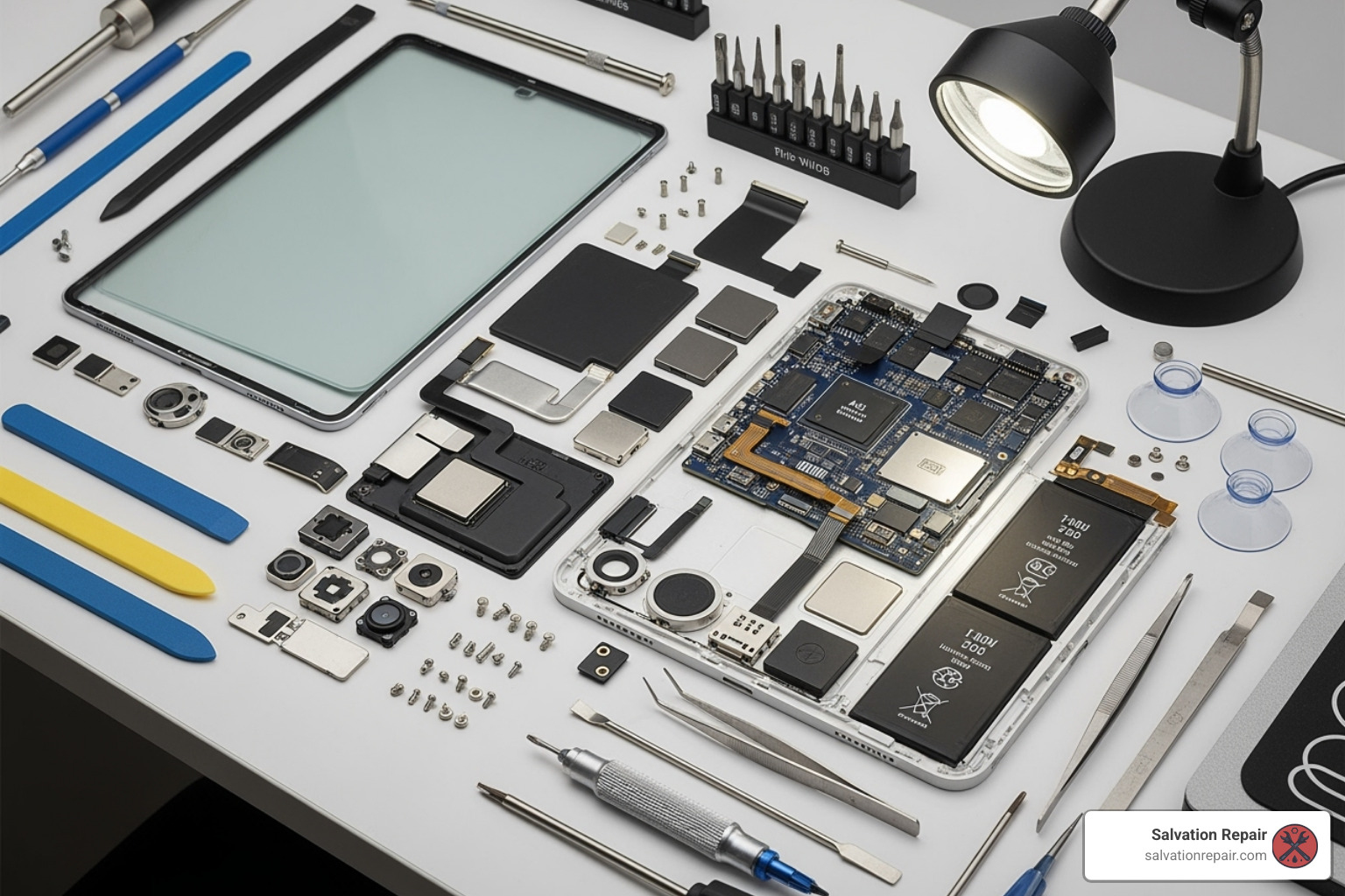complex disassembled ipad with tools scattered around - ipad battery replacement