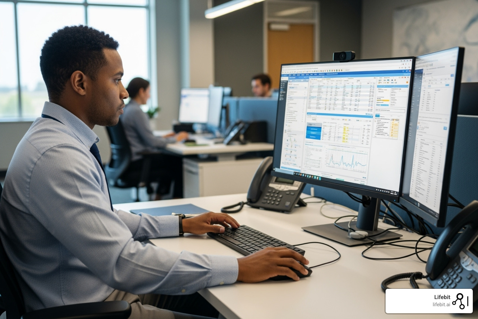 Health information technician working in a modern office environment - electronic health records programs Health information technician working in a modern office environment - electronic health records programs