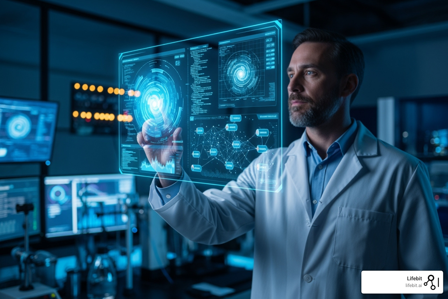 A scientist interacting with a futuristic AI interface for data analysis - singapore clinical data A scientist interacting with a futuristic AI interface for data analysis - singapore clinical data
