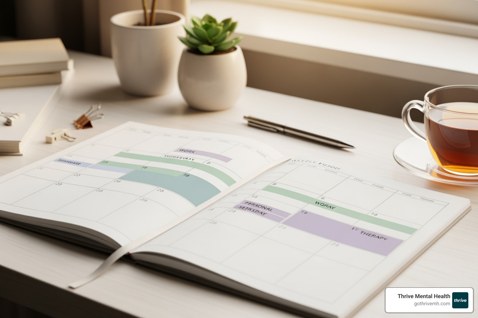 Person's weekly schedule showing therapy sessions integrated with work and personal time - virtual intensive outpatient program los angeles