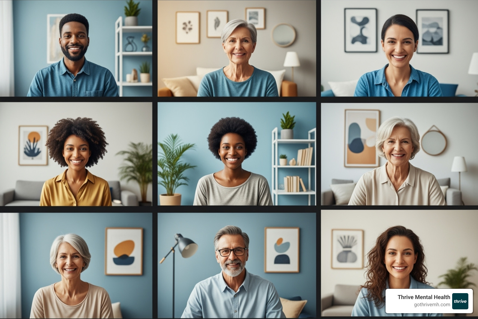 Diverse group in a supportive virtual group therapy session. Alt text: the country's #1 intensive outpatient clinic - The country's #1 intensive outpatient clinic