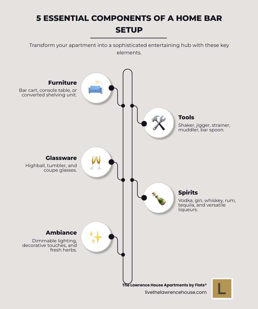 Infographic showing the 5 essential components of a home bar setup: 1) Furniture (bar cart or console table), 2) Tools (shaker, jigger, strainer, muddler), 3) Glassware (highball, tumbler, coupe), 4) Spirits (vodka, gin, whiskey, rum, tequila), and 5) Ambiance (dimmable lighting, decorative touches, fresh herbs) - apartment with bar infographic infographic-line-5-steps-elegant_beige