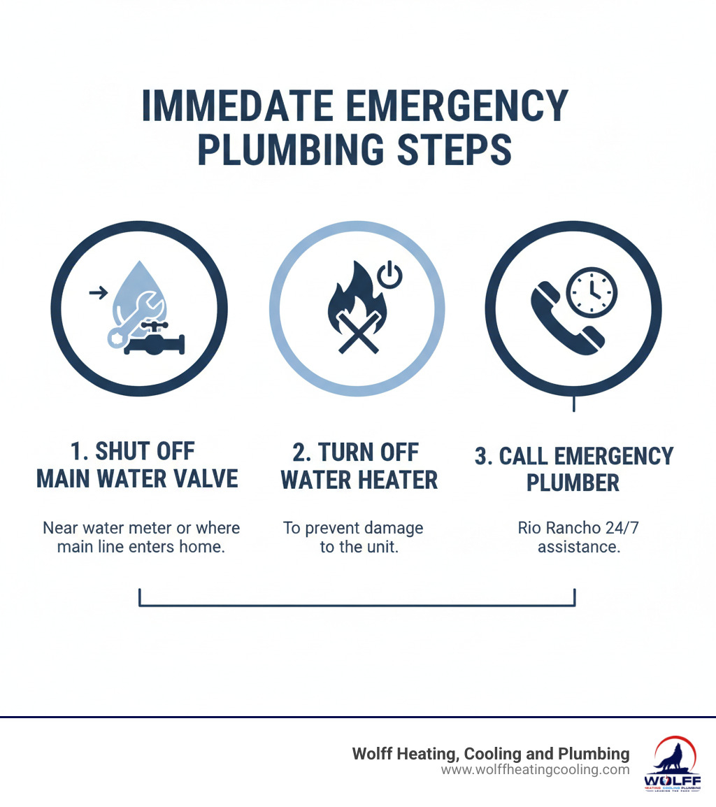 Infographic showing three immediate emergency steps: 1. Shut off main water valve (usually near water meter or where main line enters home), 2. Turn off water heater to prevent damage to the unit, 3. Call a licensed emergency plumber in Rio Rancho for 24/7 assistance - emergency plumber rio rancho infographic Infographic showing three immediate emergency steps: 1. Shut off main water valve (usually near water meter or where main line enters home), 2. Turn off water heater to prevent damage to the unit, 3. Call a licensed emergency plumber in Rio Rancho for 24/7 assistance - emergency plumber rio rancho infographic