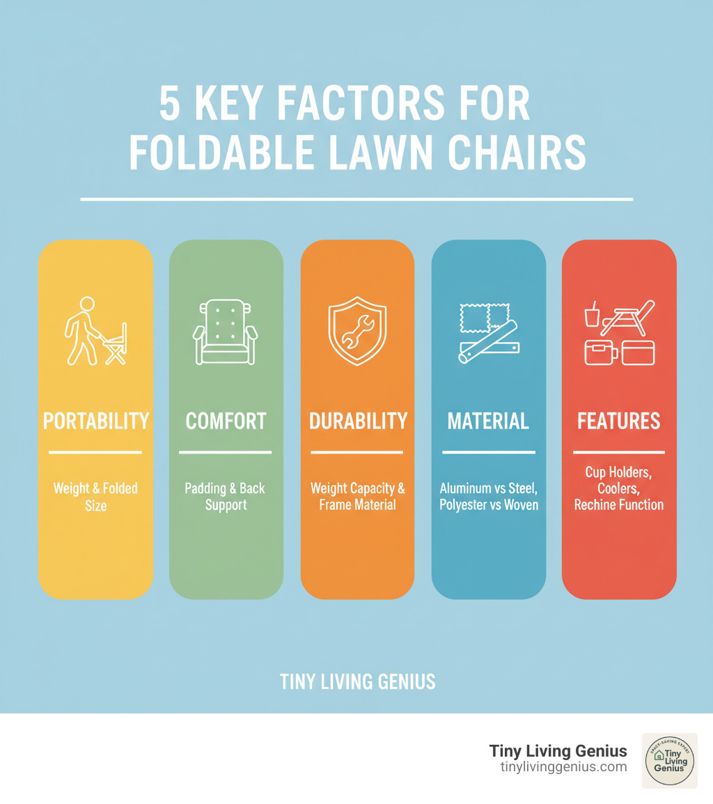 Infographic showing 5 key factors when buying foldable lawn chairs: Portability (weight and folded size), Comfort (padding and back support), Durability (weight capacity and frame material), Material (aluminum vs steel, polyester vs woven), and Features (cup holders, coolers, recline function) - foldable lawn chairs infographic 