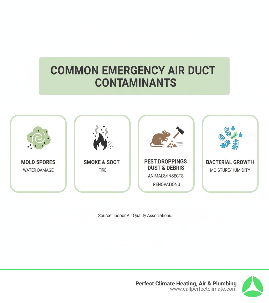 infographic showing common emergency air duct contaminants including mold spores from water damage, smoke and soot particles from fire, pest droppings and dander, construction dust and debris, and bacterial growth from moisture, with icons for each hazard type - 24 hour air duct cleaning service in owensville in infographic  infographic showing common emergency air duct contaminants including mold spores from water damage, smoke and soot particles from fire, pest droppings and dander, construction dust and debris, and bacterial growth from moisture, with icons for each hazard type - 24 hour air duct cleaning service in owensville in infographic